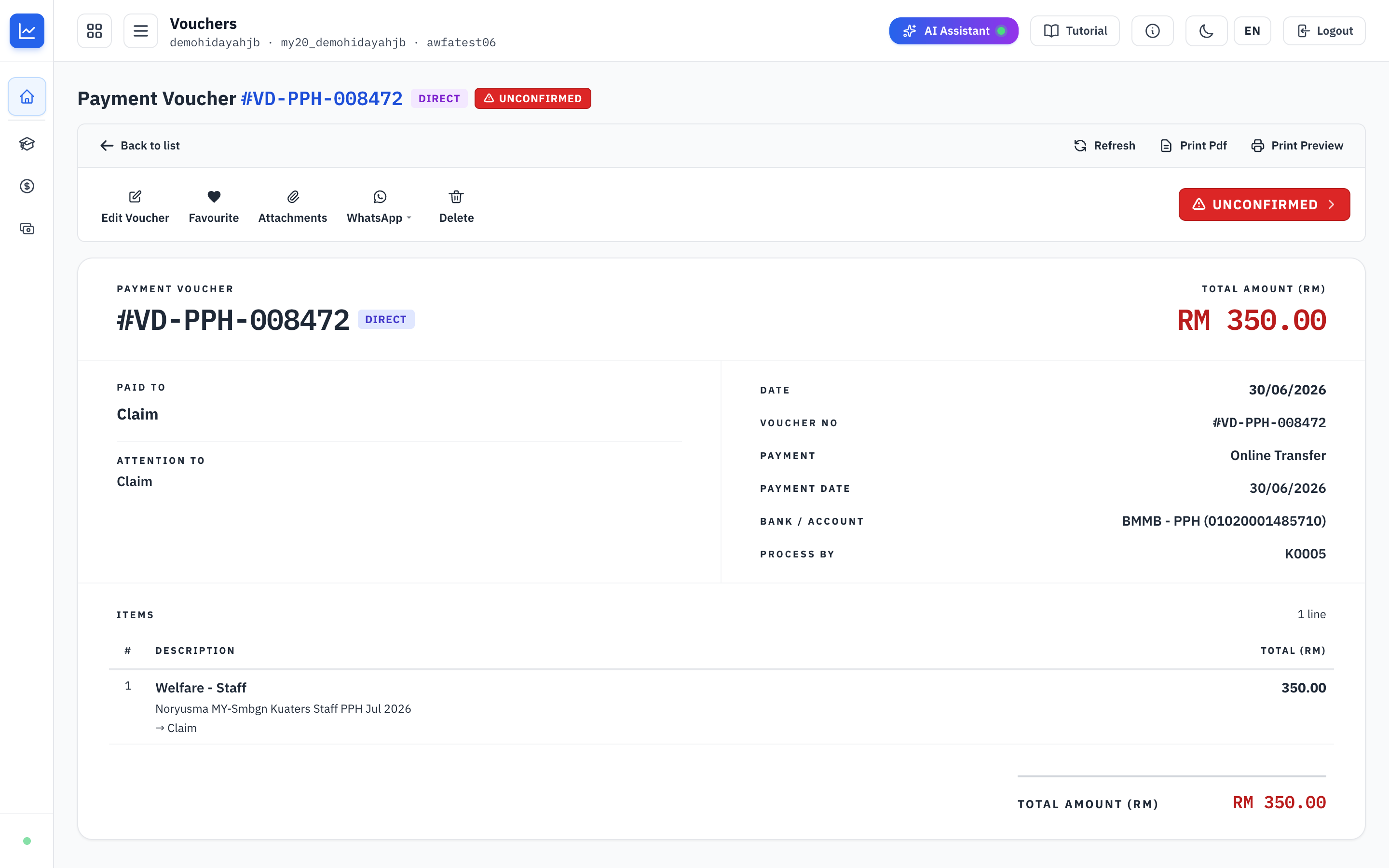 Printable payment voucher showing payee, bank account, method and cost line