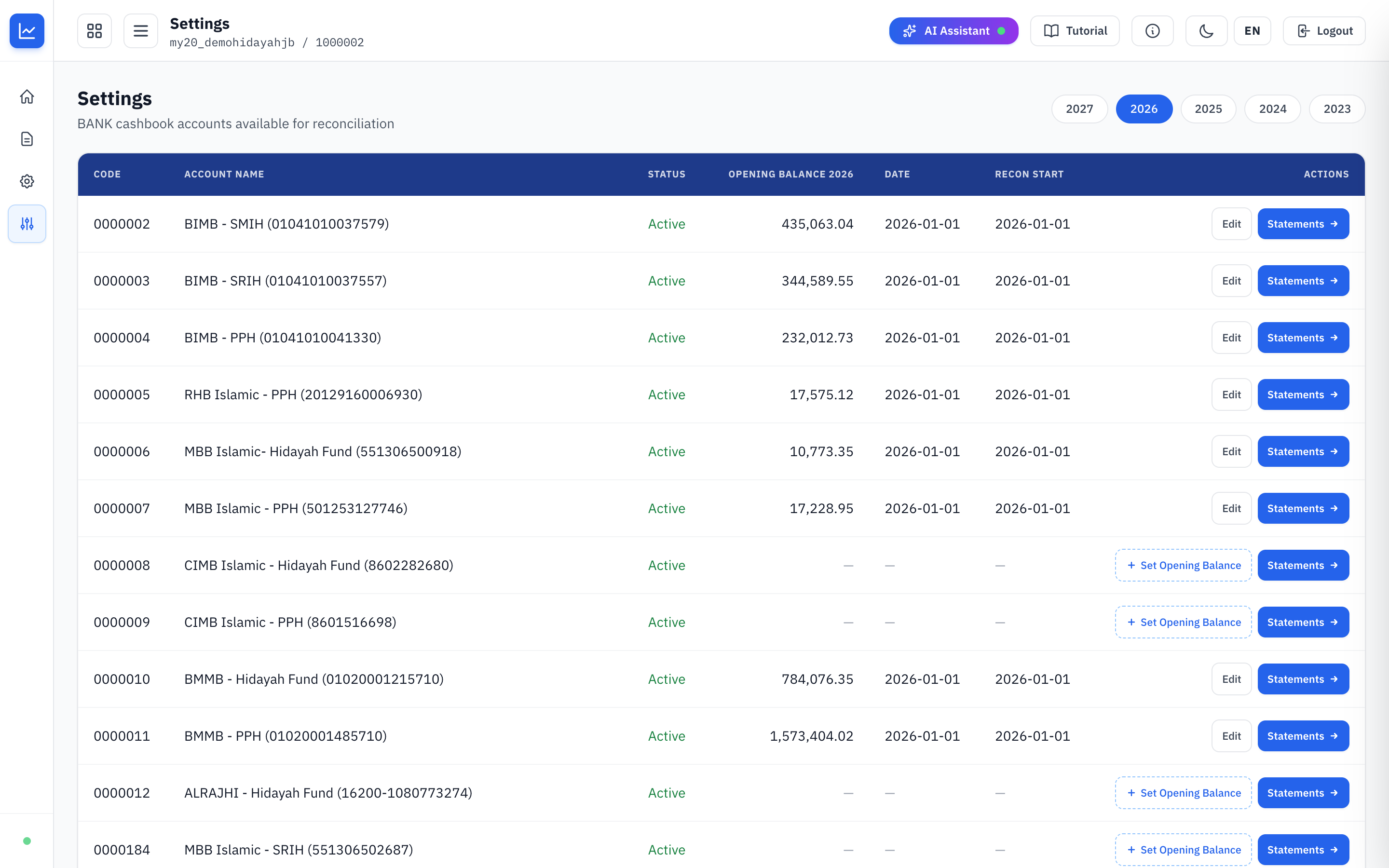 Per-bank-account reconciliation settings with opening balance and start date