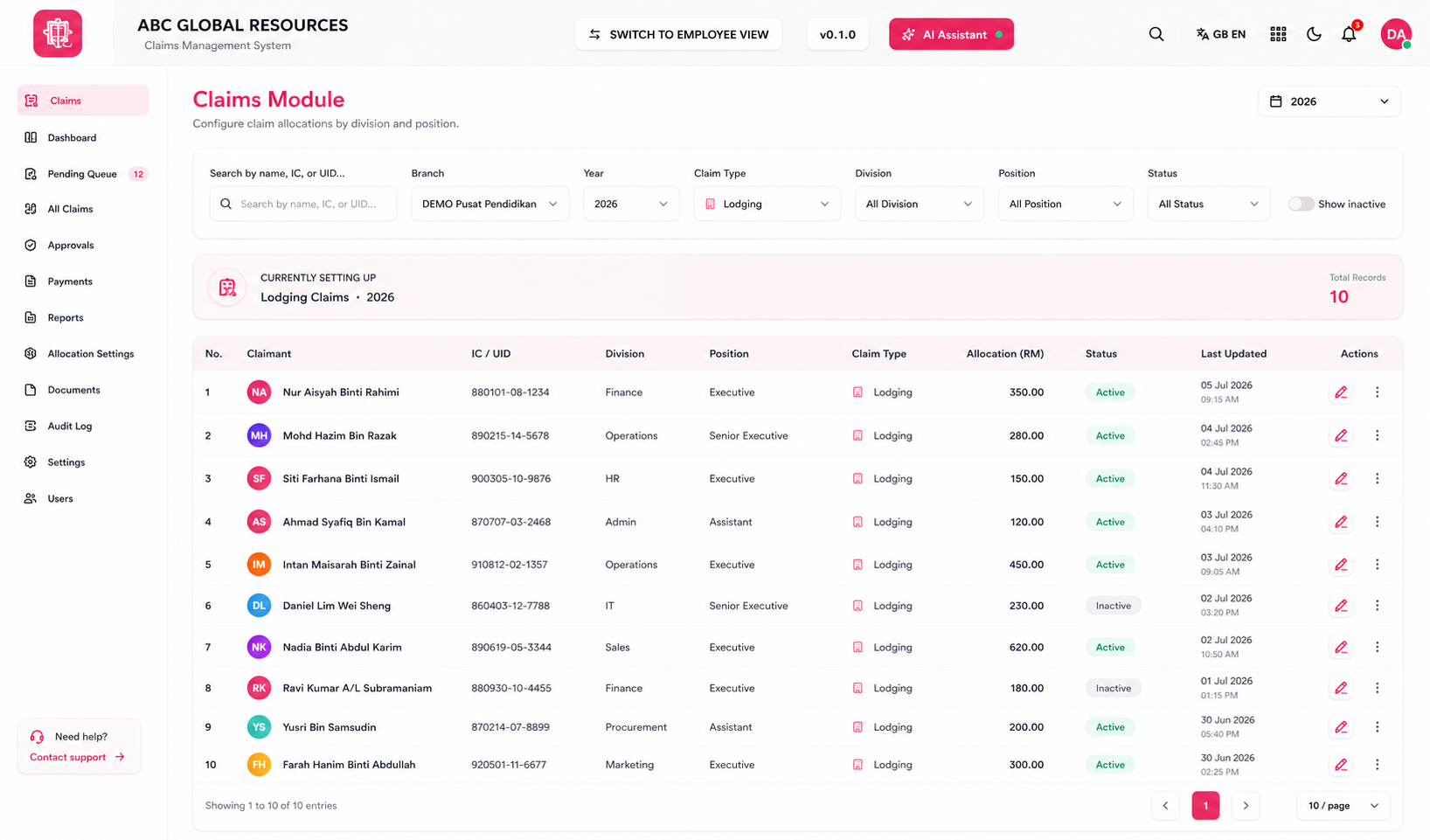 Claim allocation settings, with limits per claim type, division and position