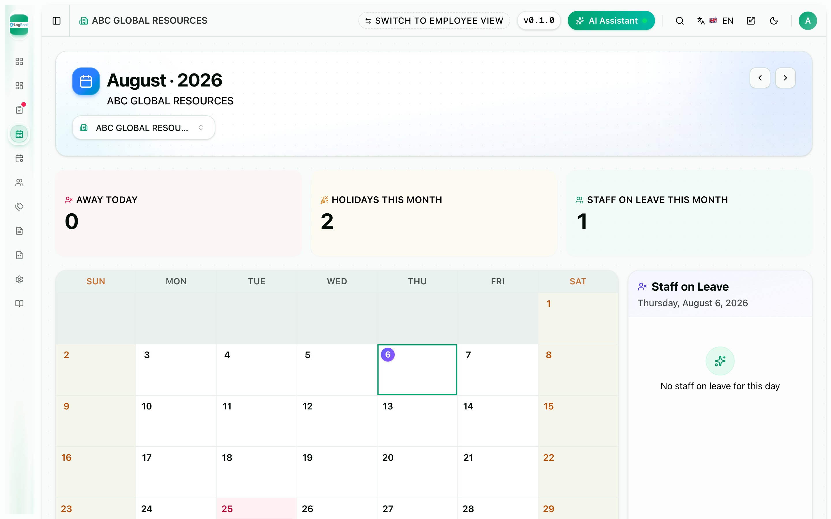 Month calendar of who is away, with holiday and on-leave counters