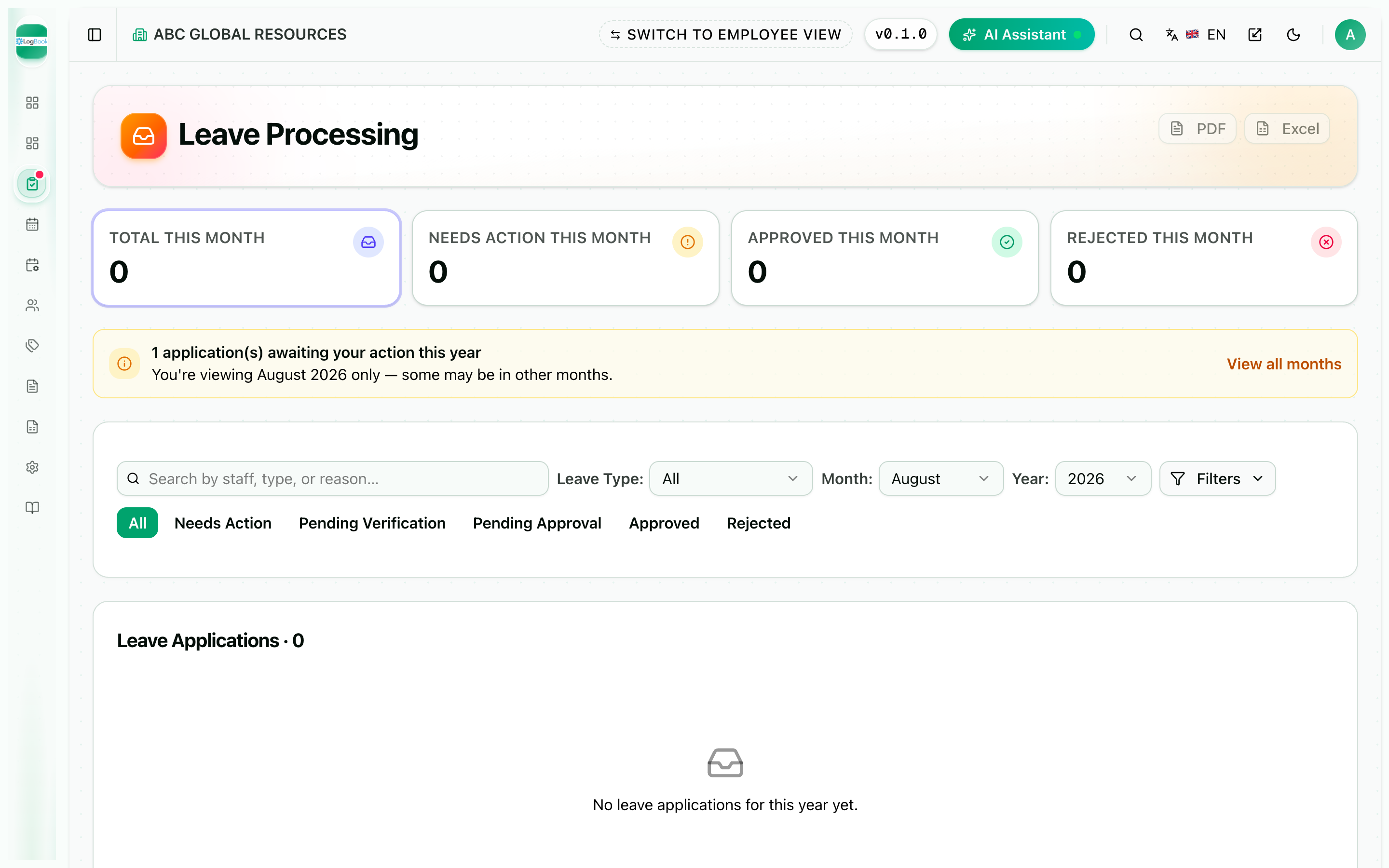 Leave processing queue showing needs-action, pending verification and approved counters