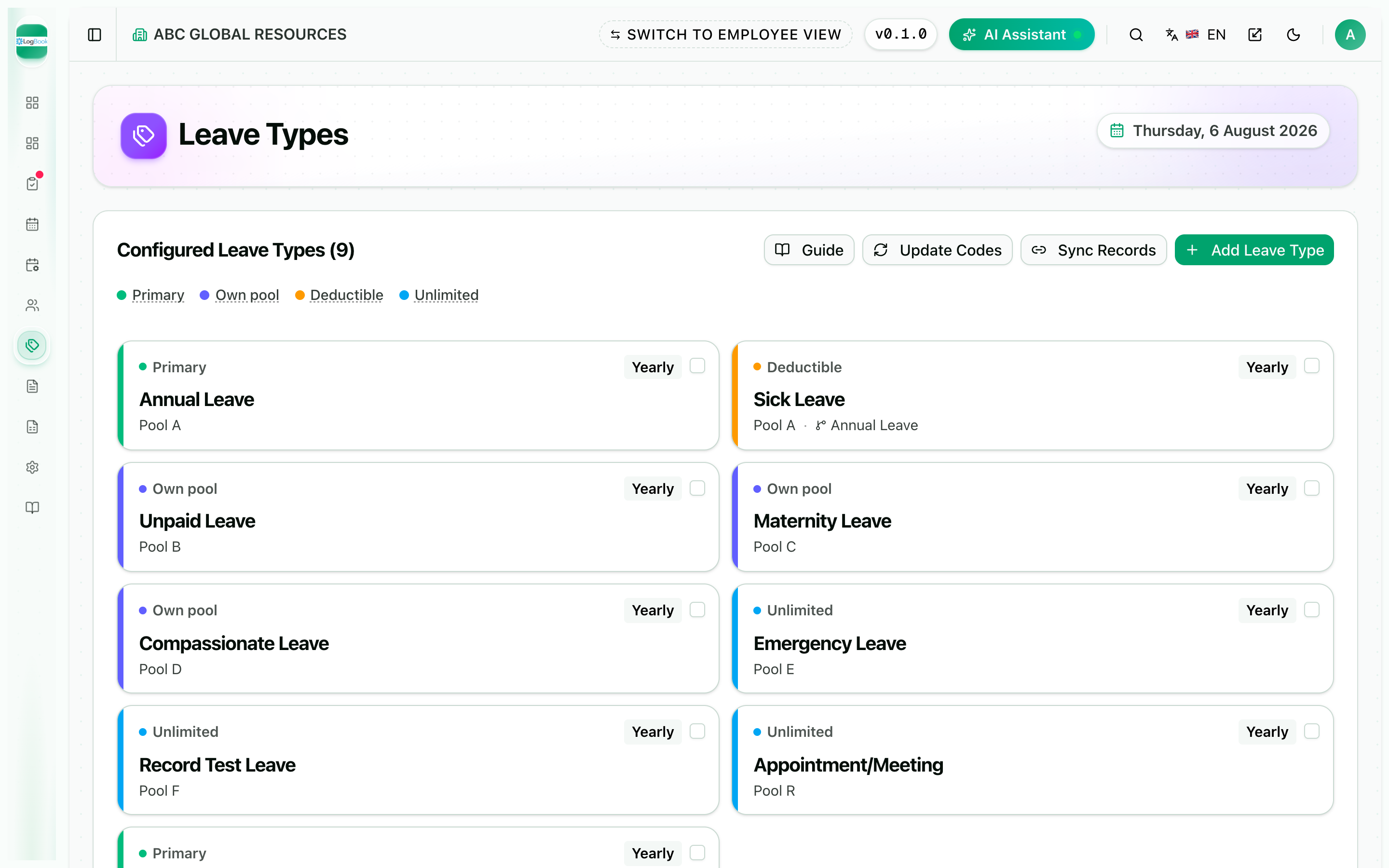 Leave-type configuration screen, each type with its own pool and behaviour