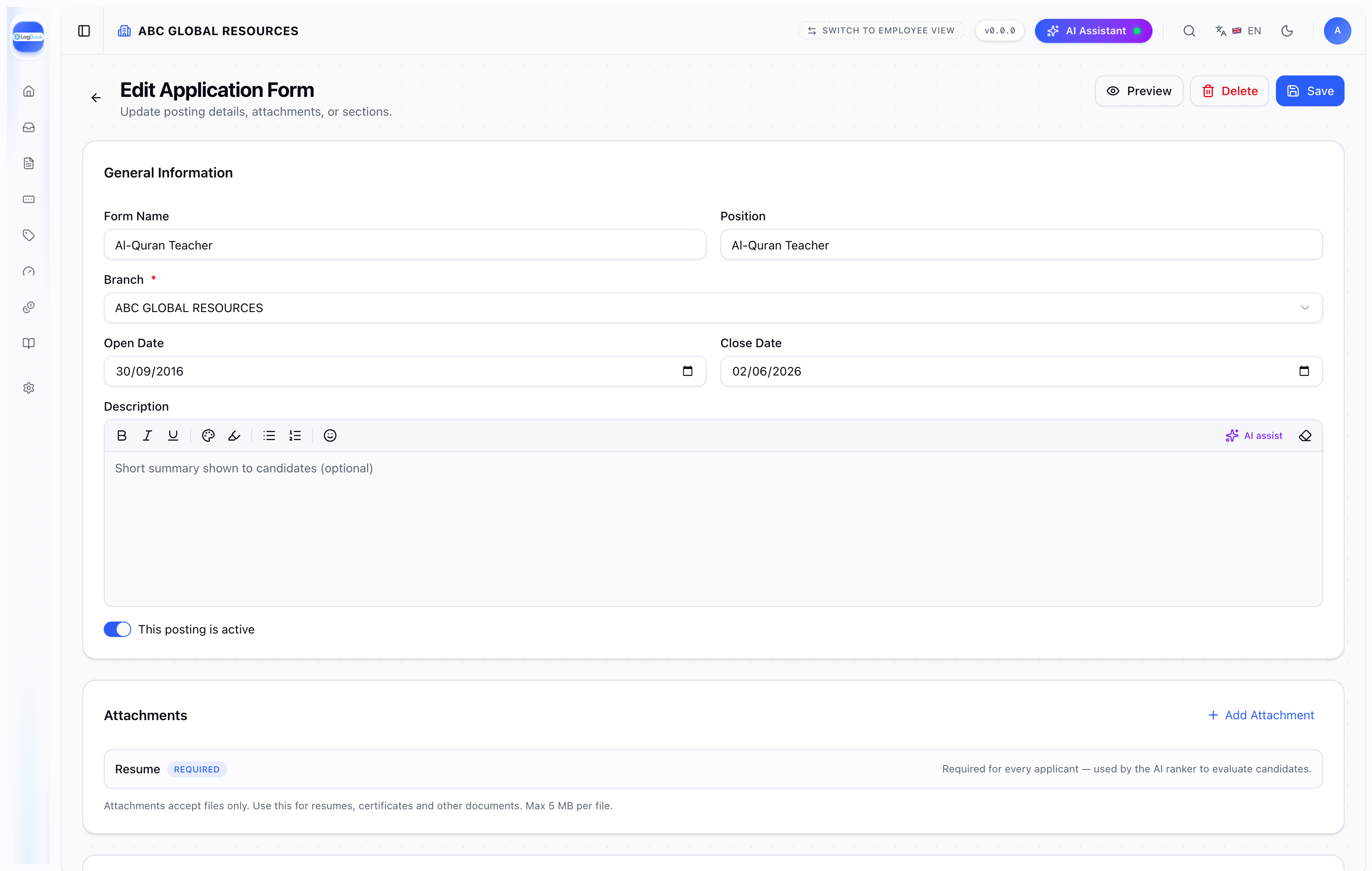 Application form builder with position, dates, AI-assist description and required resume attachment