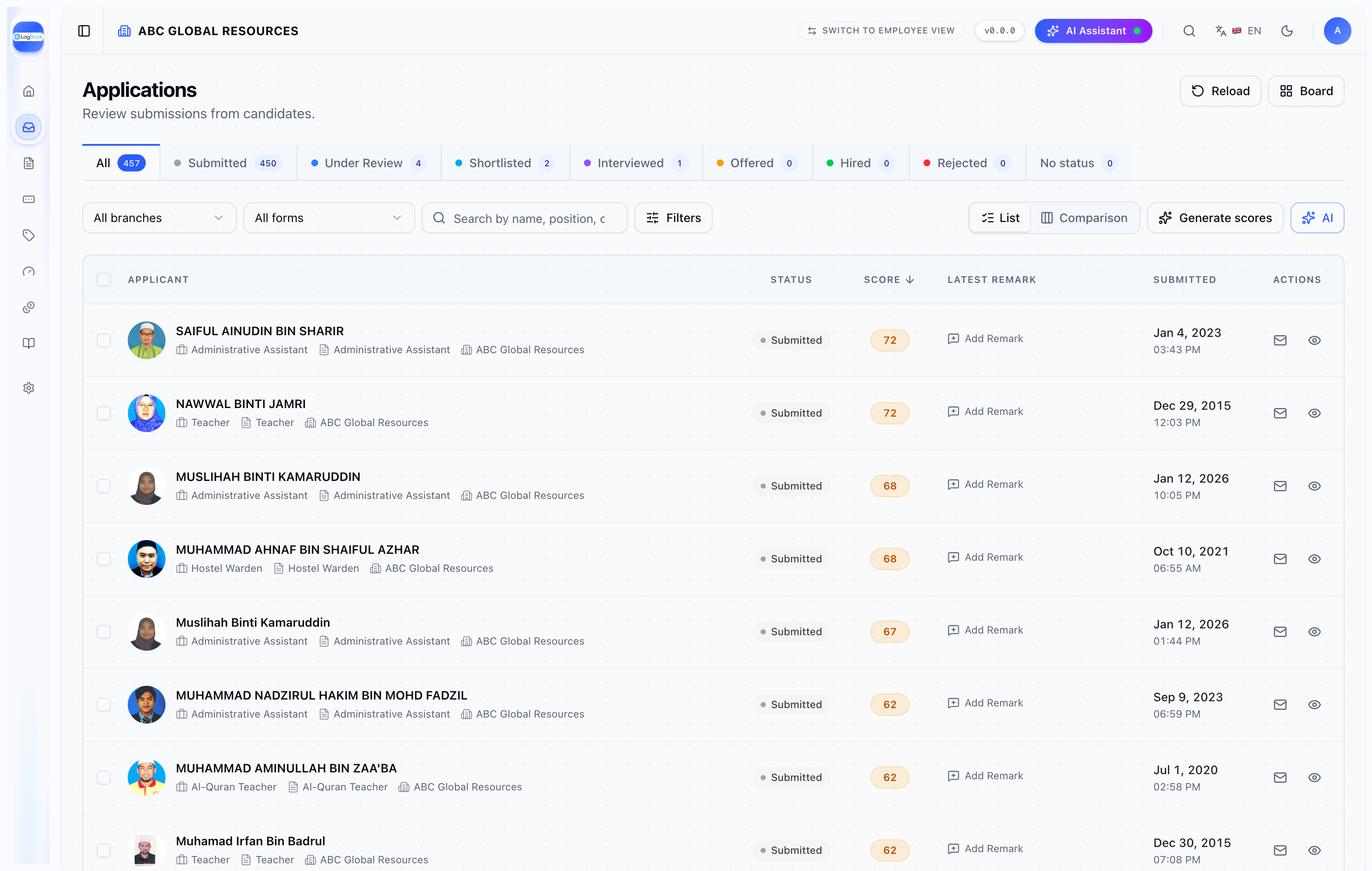 Applications list of 457 candidates with AI scores, status and submission dates